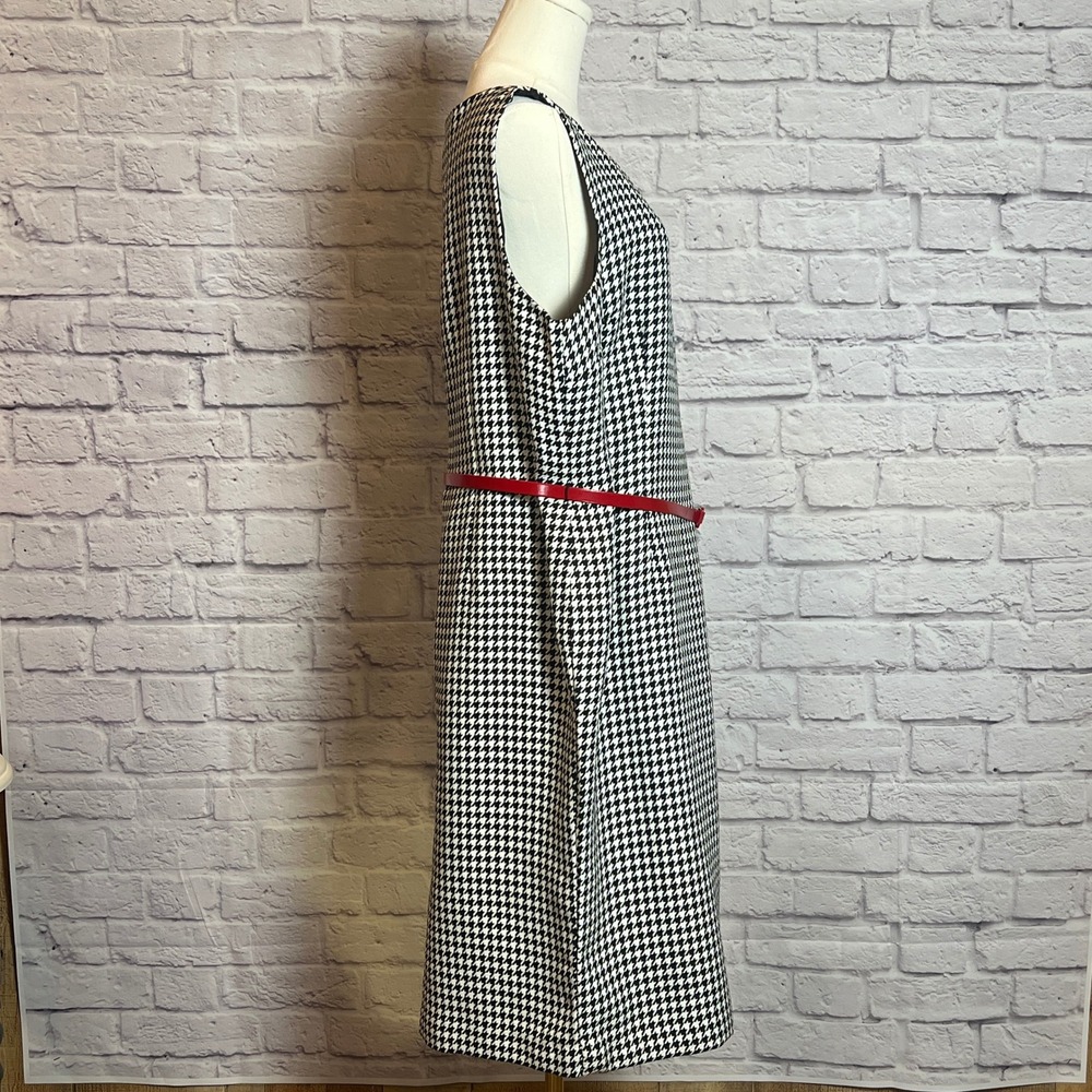 Kasper Women's Houndstooth Sleeveless Sheath Dress w/ Red Belt Size 16 - Picture 2 of 9